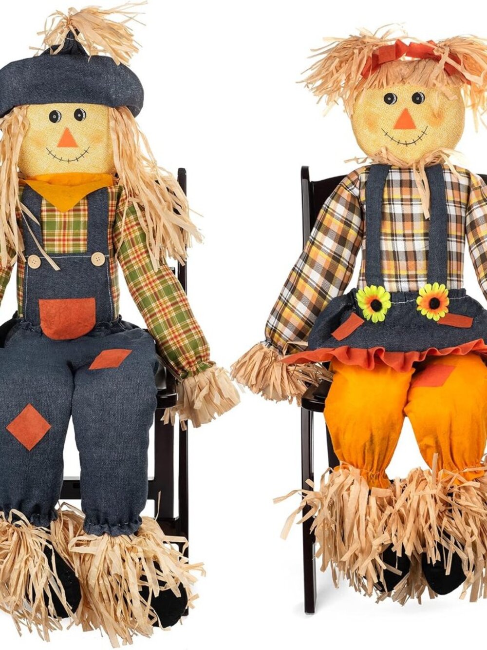 Thanksgiving Sitting Scarecrow Decor Set of 2 Large 50 Inch Boy Girl Couple